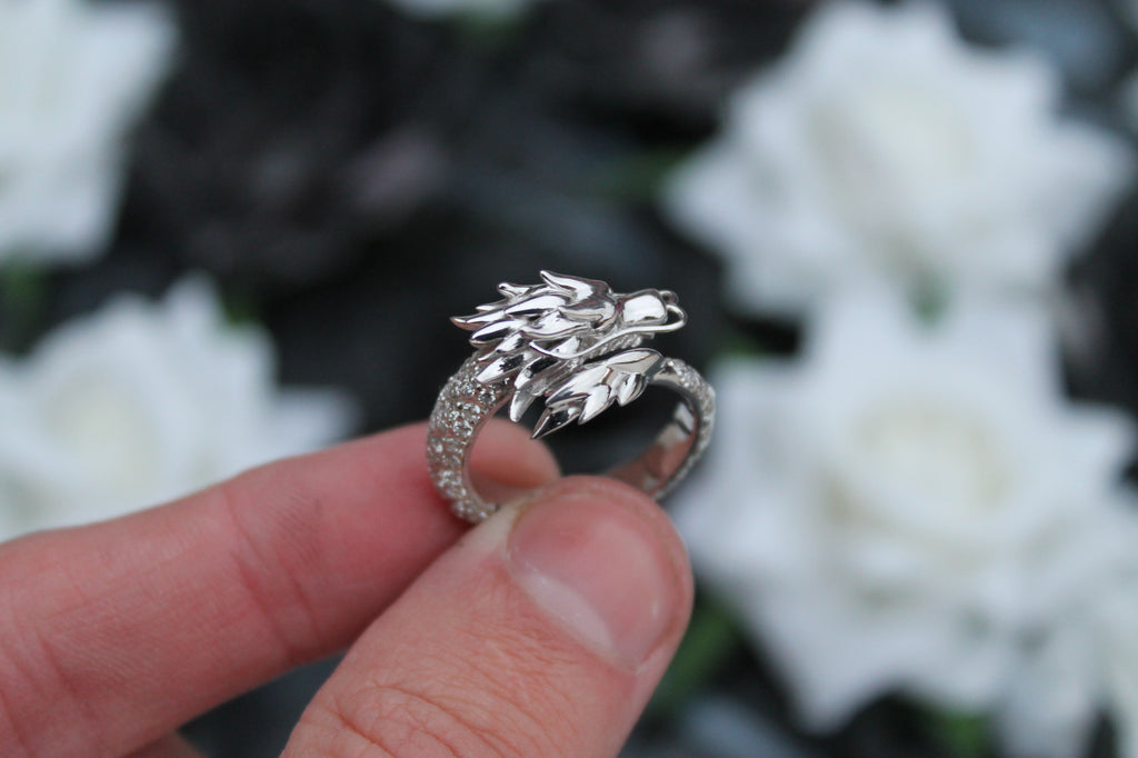 Diamond Dragon Ring | 14k White Gold | Statement Ring