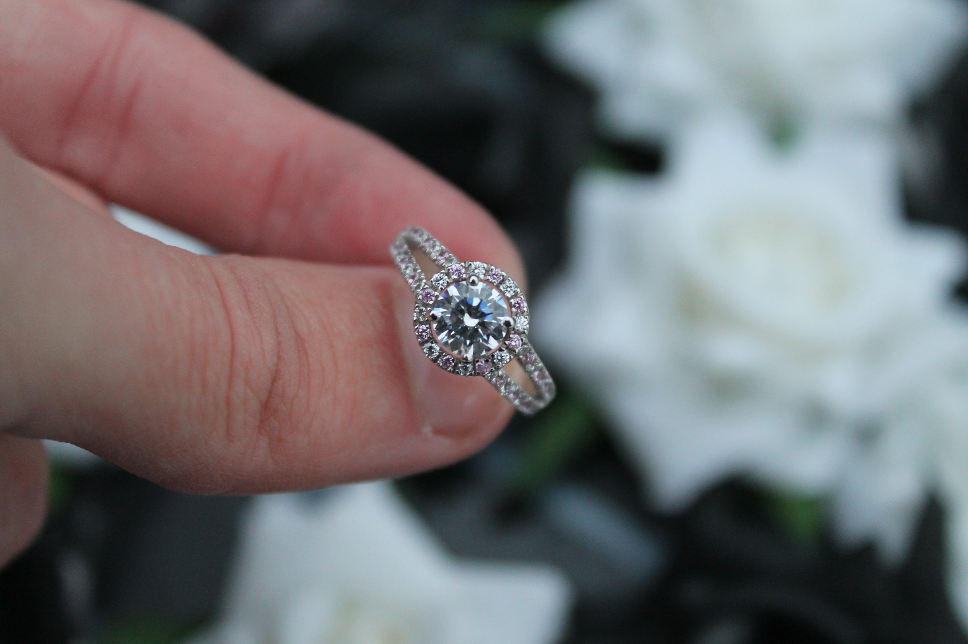1 Carat Round Cut Center Diamond Halo Ring With Sapphires | 14k White Gold | Engagement Ring
