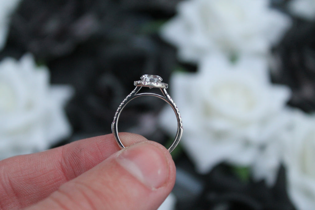 1 Carat Round Cut Center Diamond Halo Ring With Sapphires | 14k White Gold | Engagement Ring