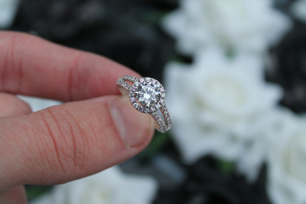 1 Carat Round Cut Center Diamond Halo Ring With Sapphires | 14k White Gold | Engagement Ring