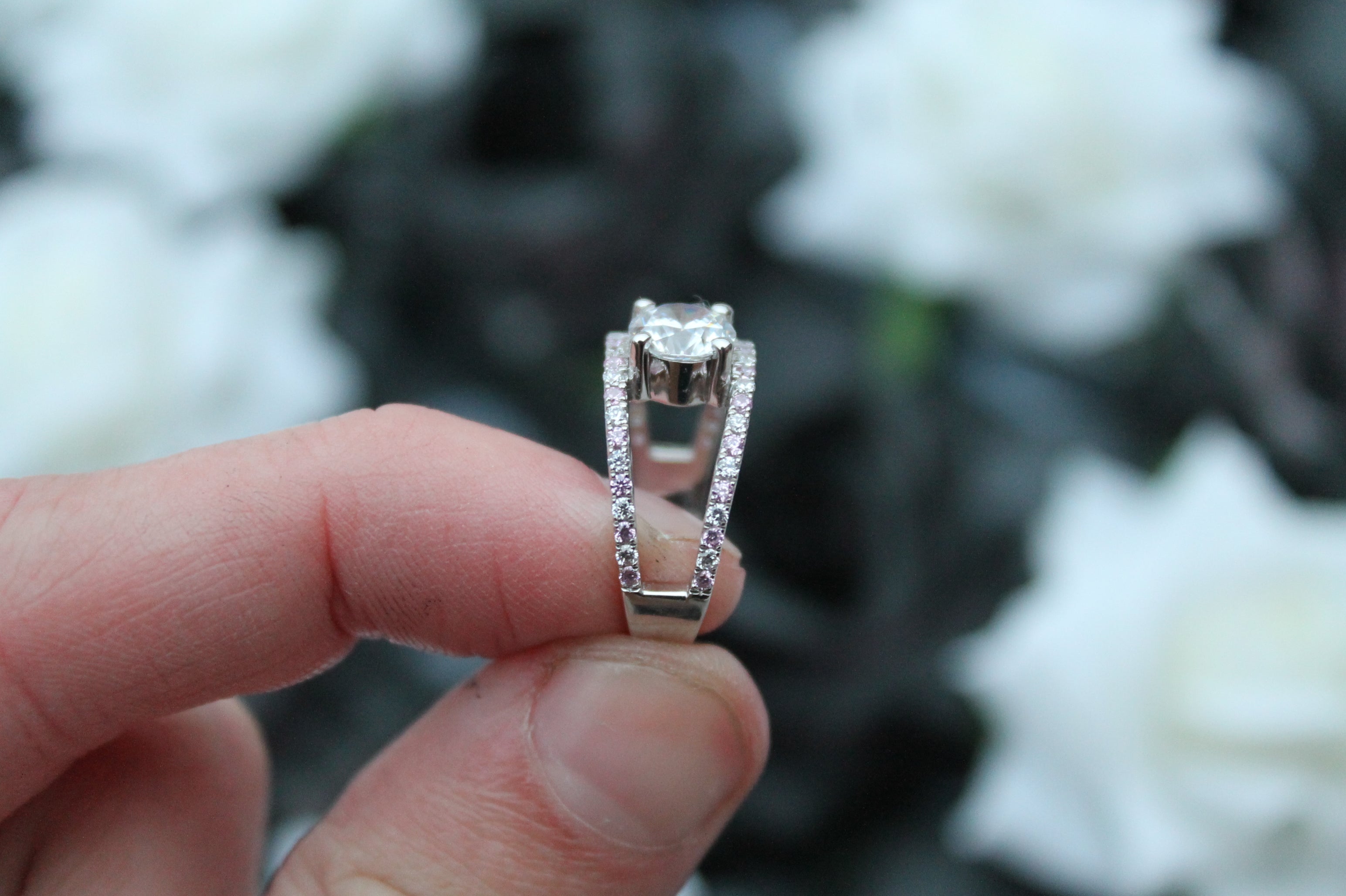1 Carat Round Cut Diamond Ring With Split Sides & Sapphires | 14k White Gold | Engagement Ring