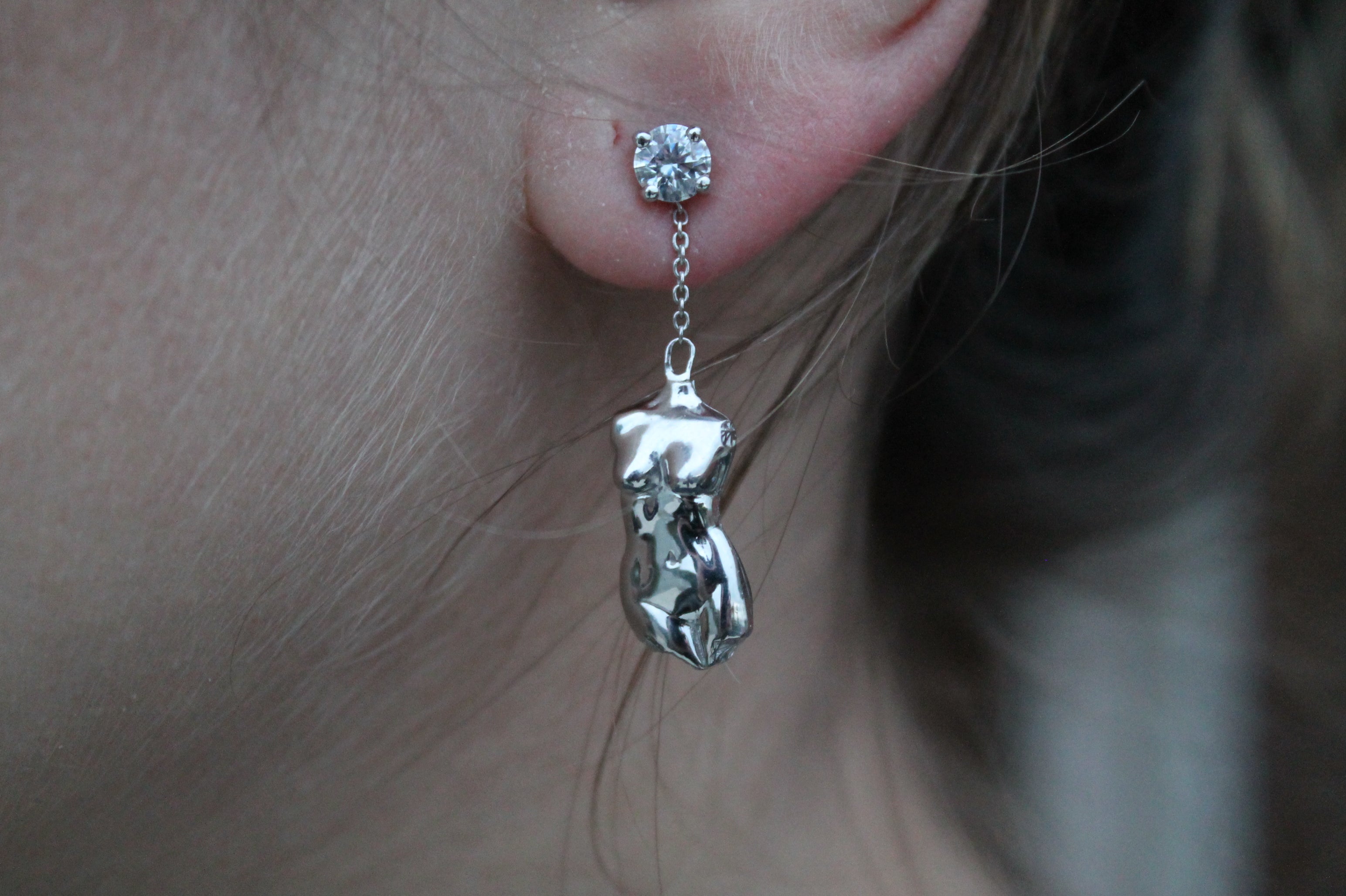 2 Carat Round Diamond Female Torso Earrings | 14k White Gold