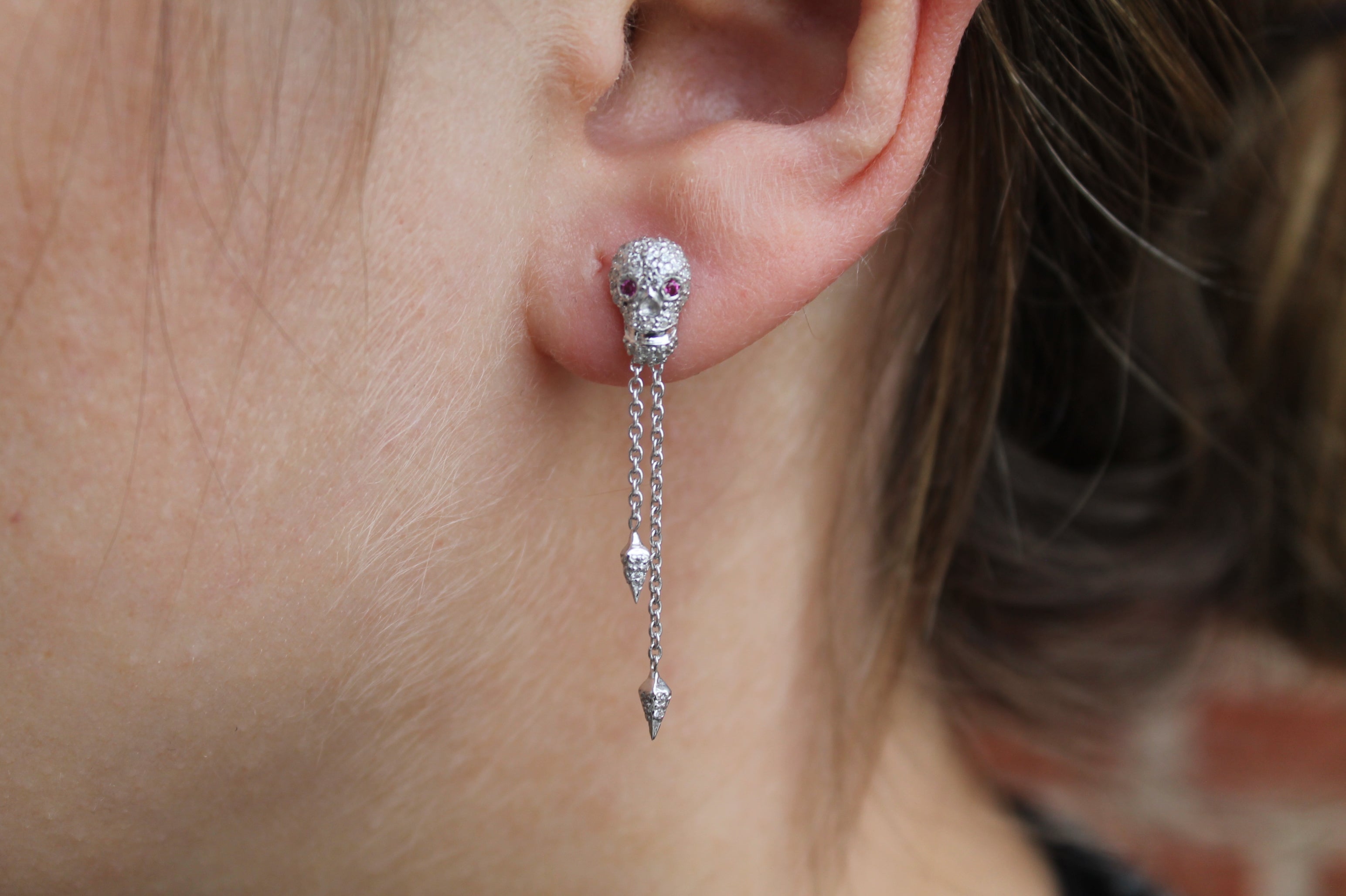 Diamond & Ruby Skull Earrings | 14k White Gold | Dangling Stud Earrings