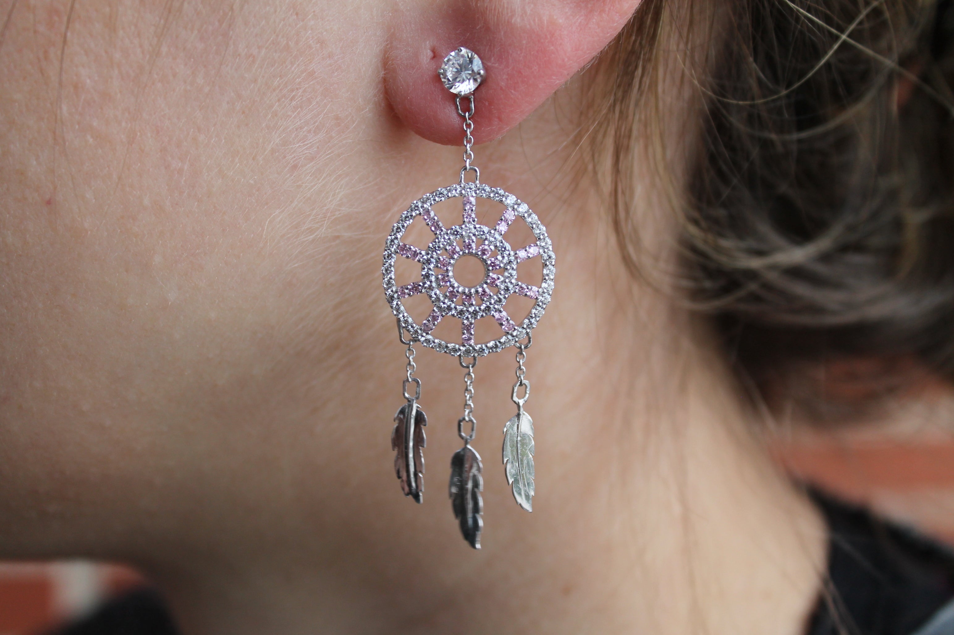2 Carat Round Diamond Dream Catcher Earrings | 14k White Gold | With Pink Sapphires