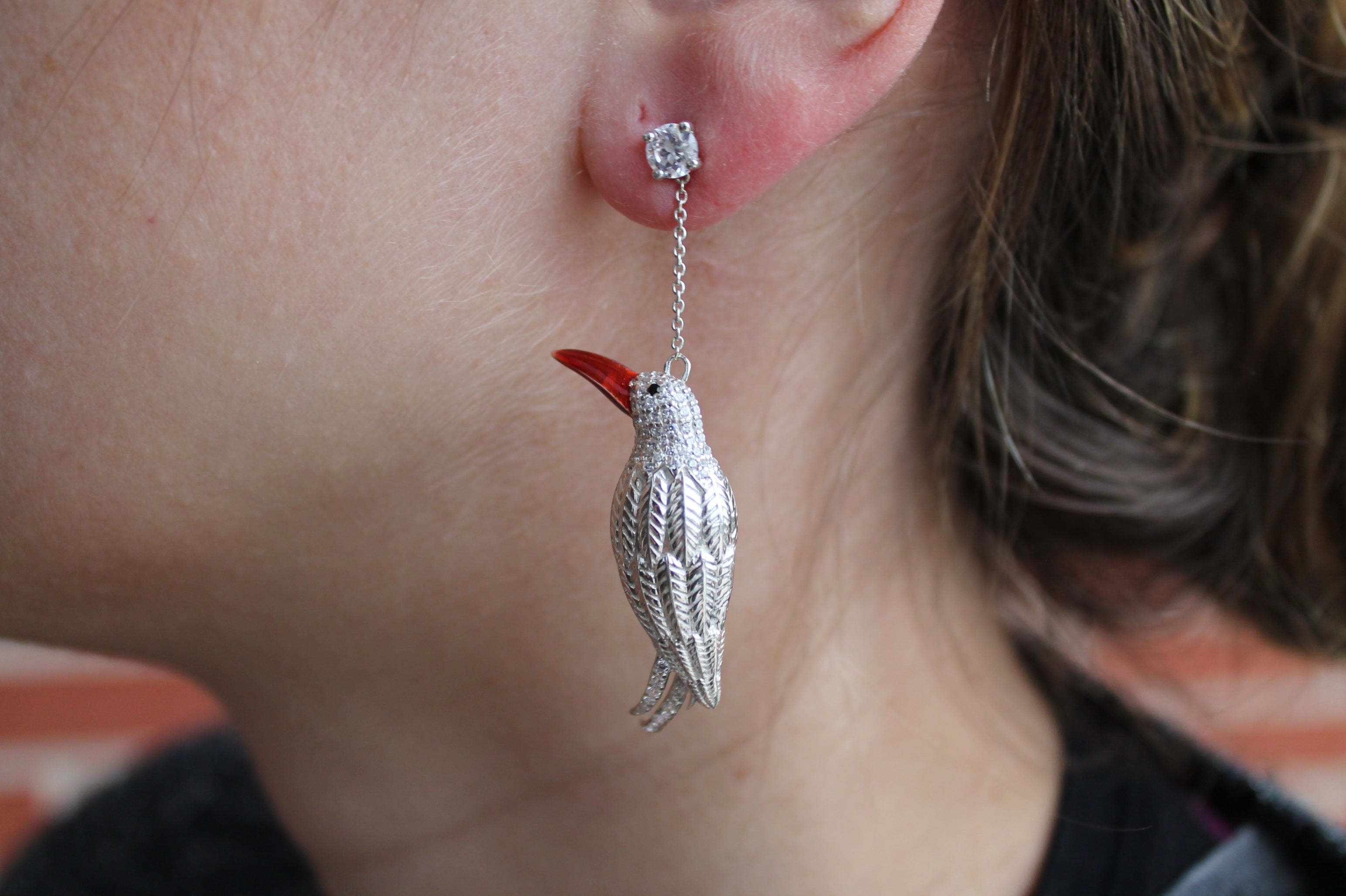 2 Carat Round Diamond Bird Earrings | 14k White Gold | Dangling Earrings