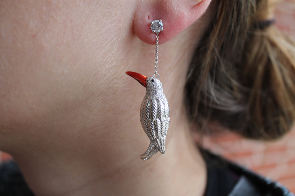2 Carat Round Diamond Bird Earrings | 14k White Gold | Dangling Earrings
