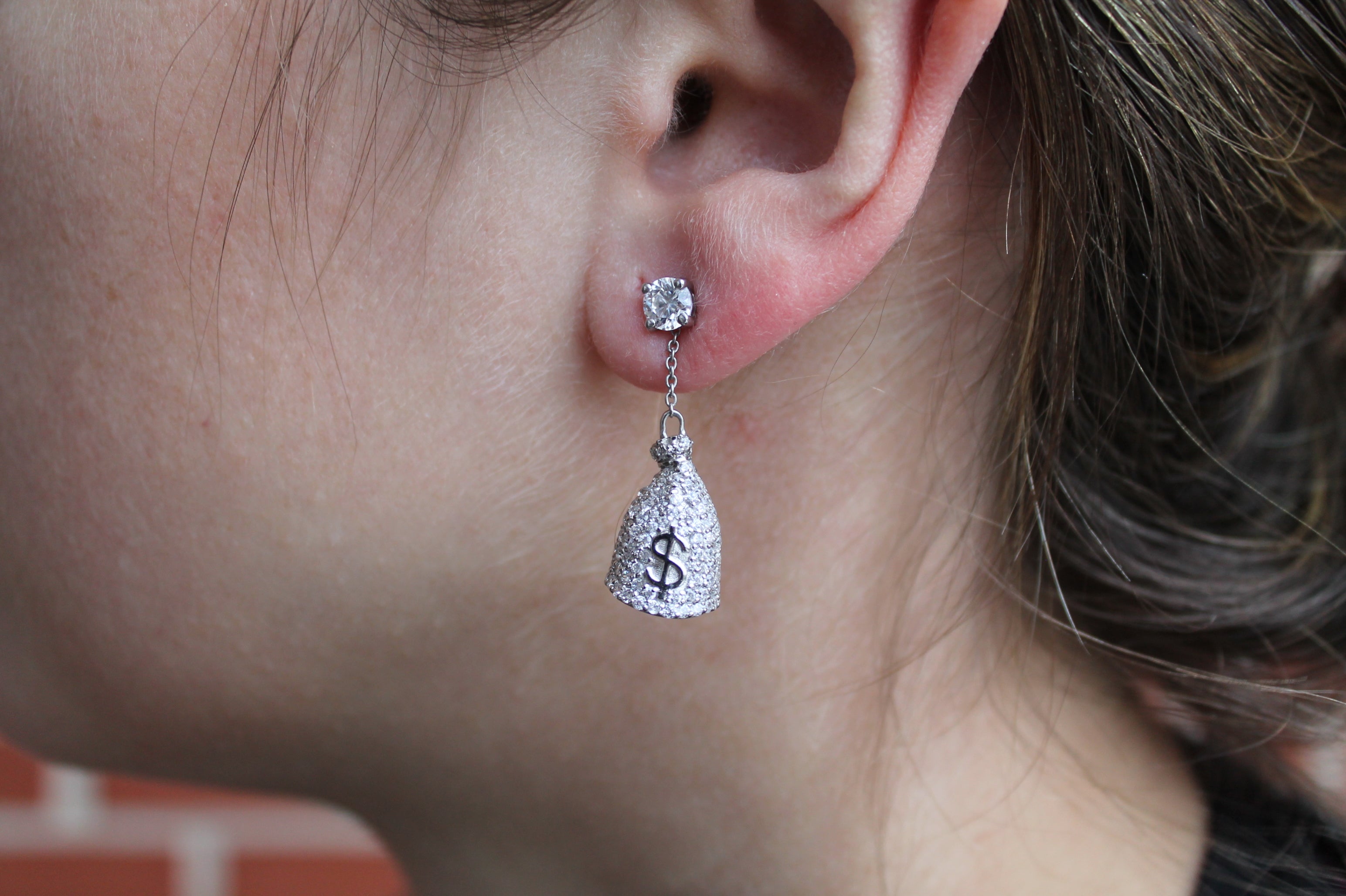 2 Carat Round Cut Diamond Money Bag Earrings | 14k White Gold