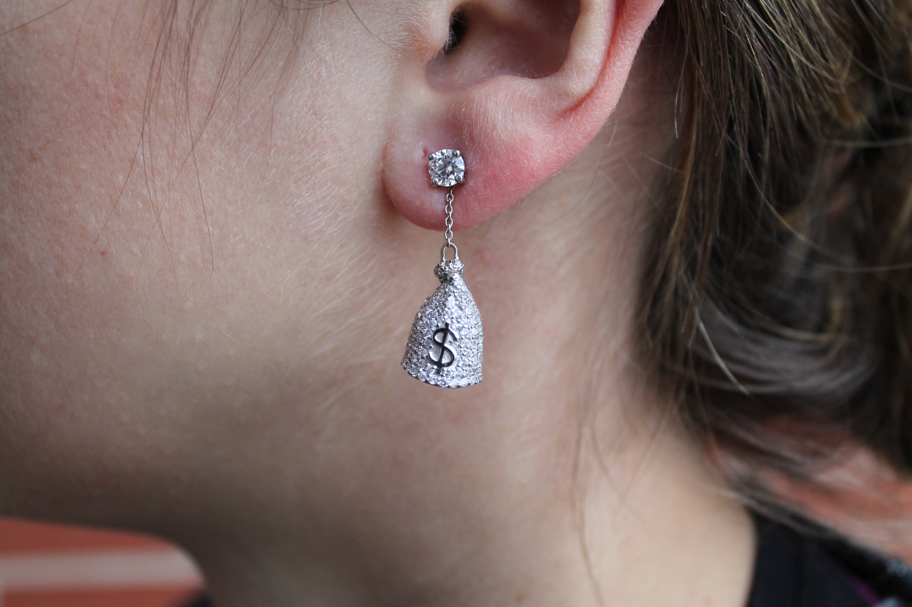 2 Carat Round Cut Diamond Money Bag Earrings | 14k White Gold