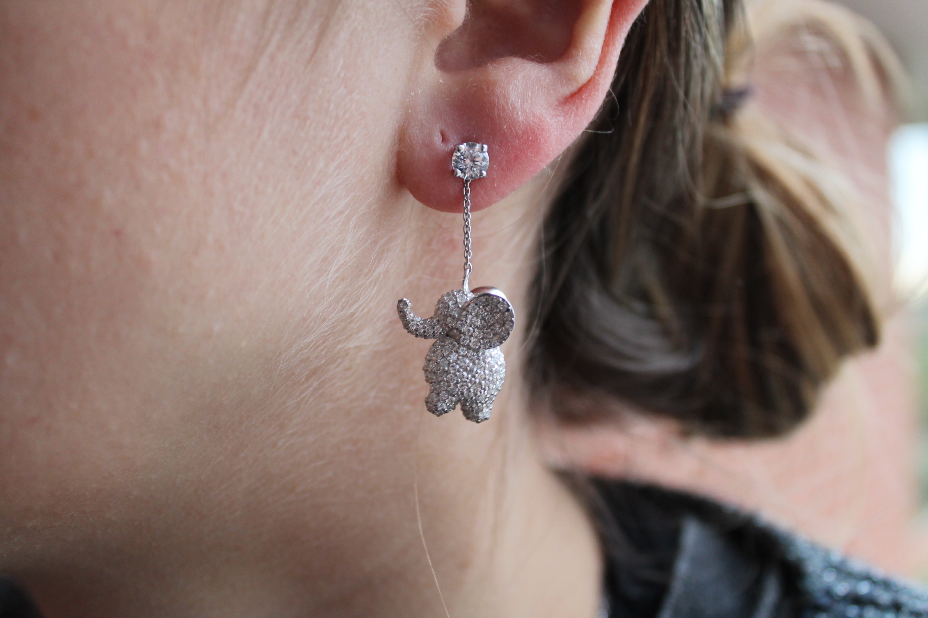 2 Carat Round Diamond Elephant Earrings | 14k White Gold
