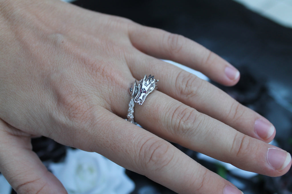 Diamond Dragon Ring | 14k White Gold | Statement Ring