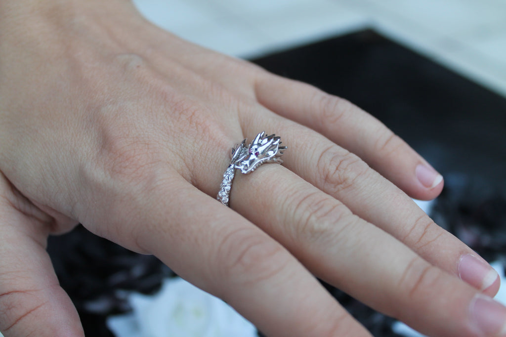 Diamond Dragon Ring | 14k White Gold | Statement Ring