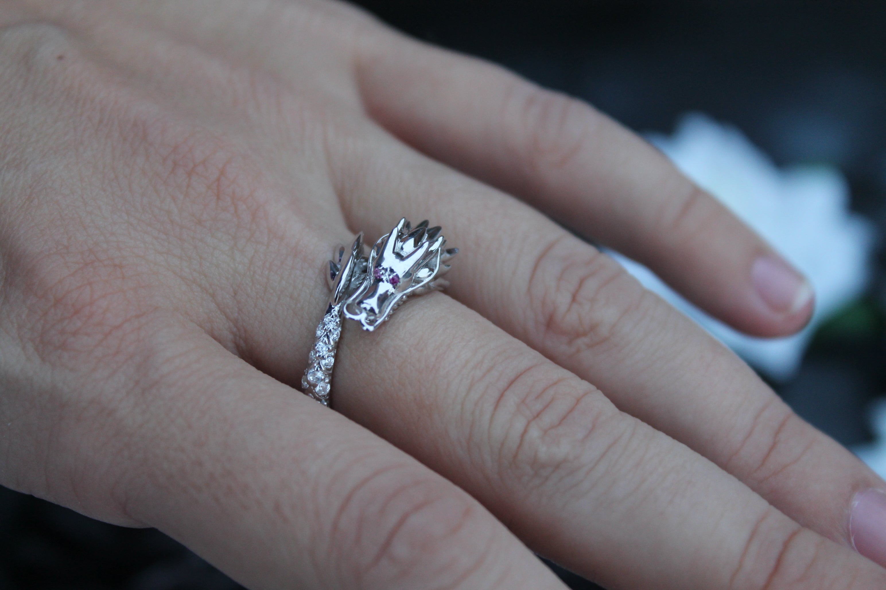Diamond Dragon Ring | 14k White Gold | Statement Ring
