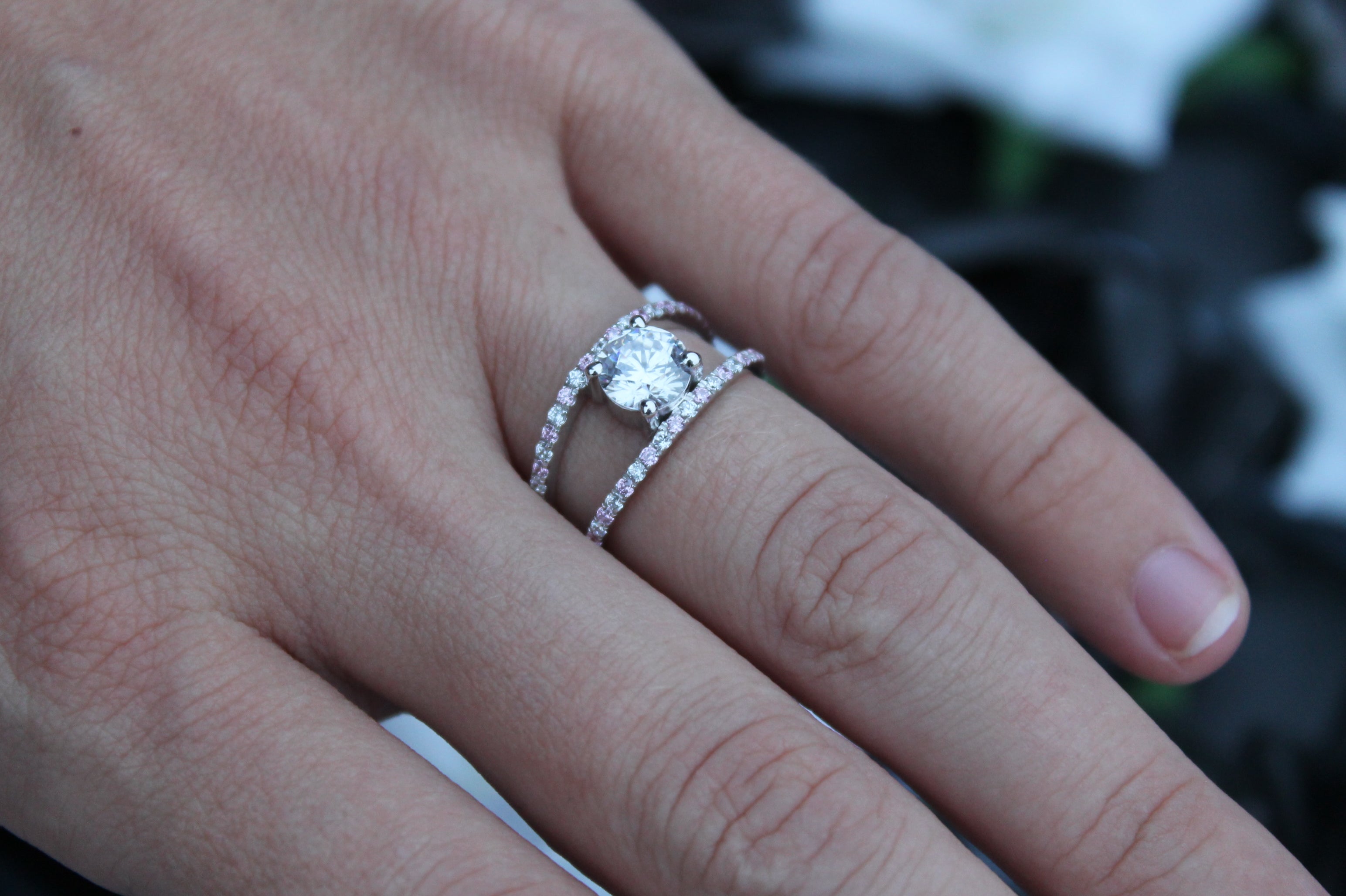 1 Carat Round Cut Diamond Ring With Split Sides & Sapphires | 14k White Gold | Engagement Ring