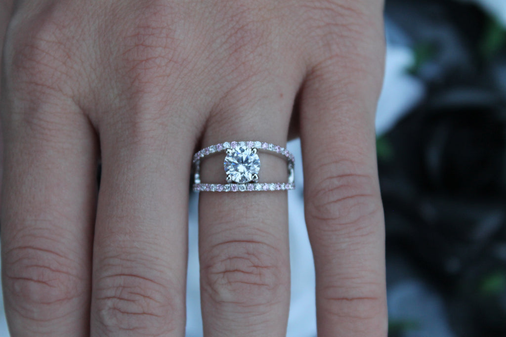 1 Carat Round Cut Diamond Ring With Split Sides & Sapphires | 14k White Gold | Engagement Ring