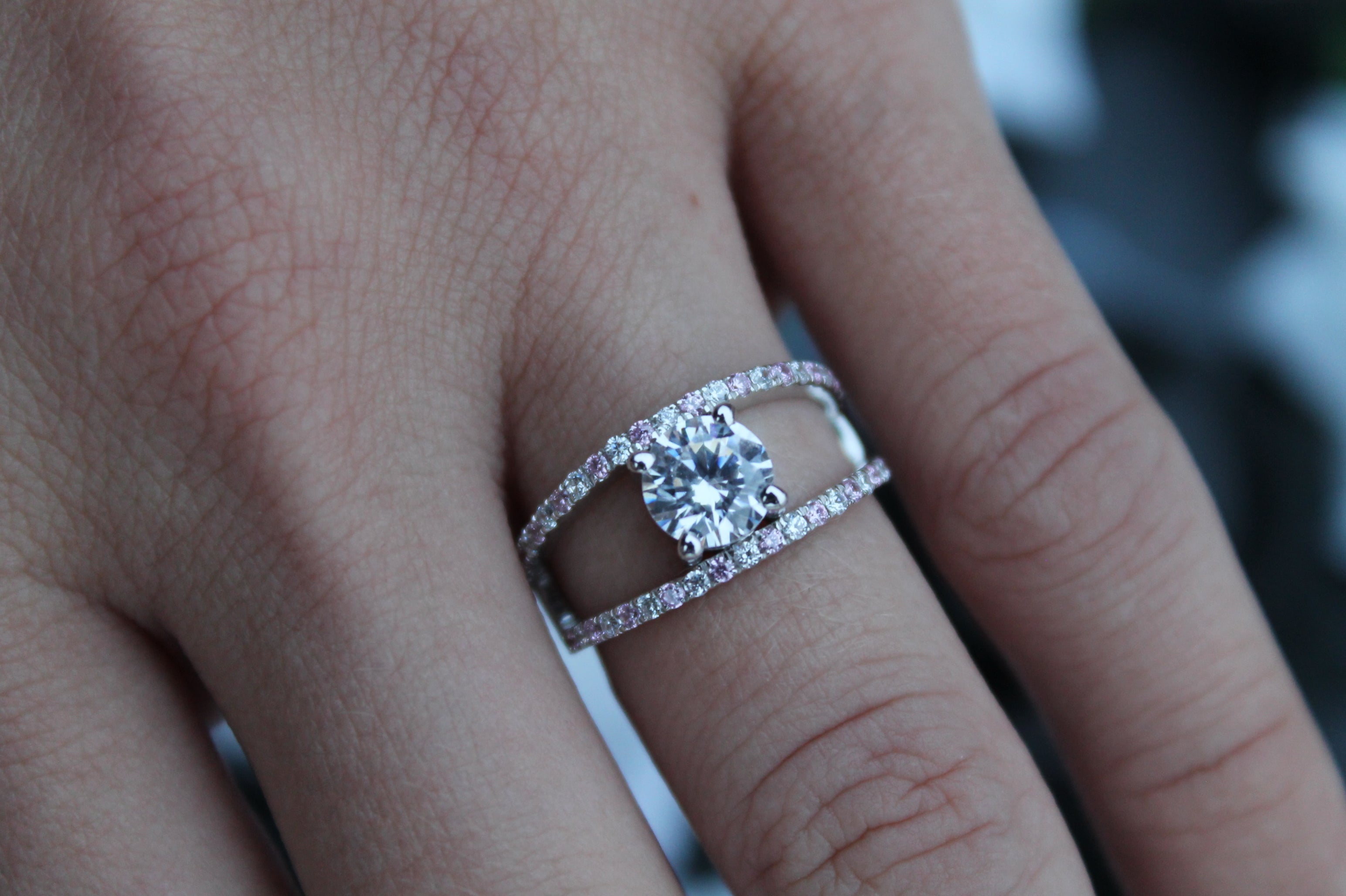 1 Carat Round Cut Diamond Ring With Split Sides & Sapphires | 14k White Gold | Engagement Ring