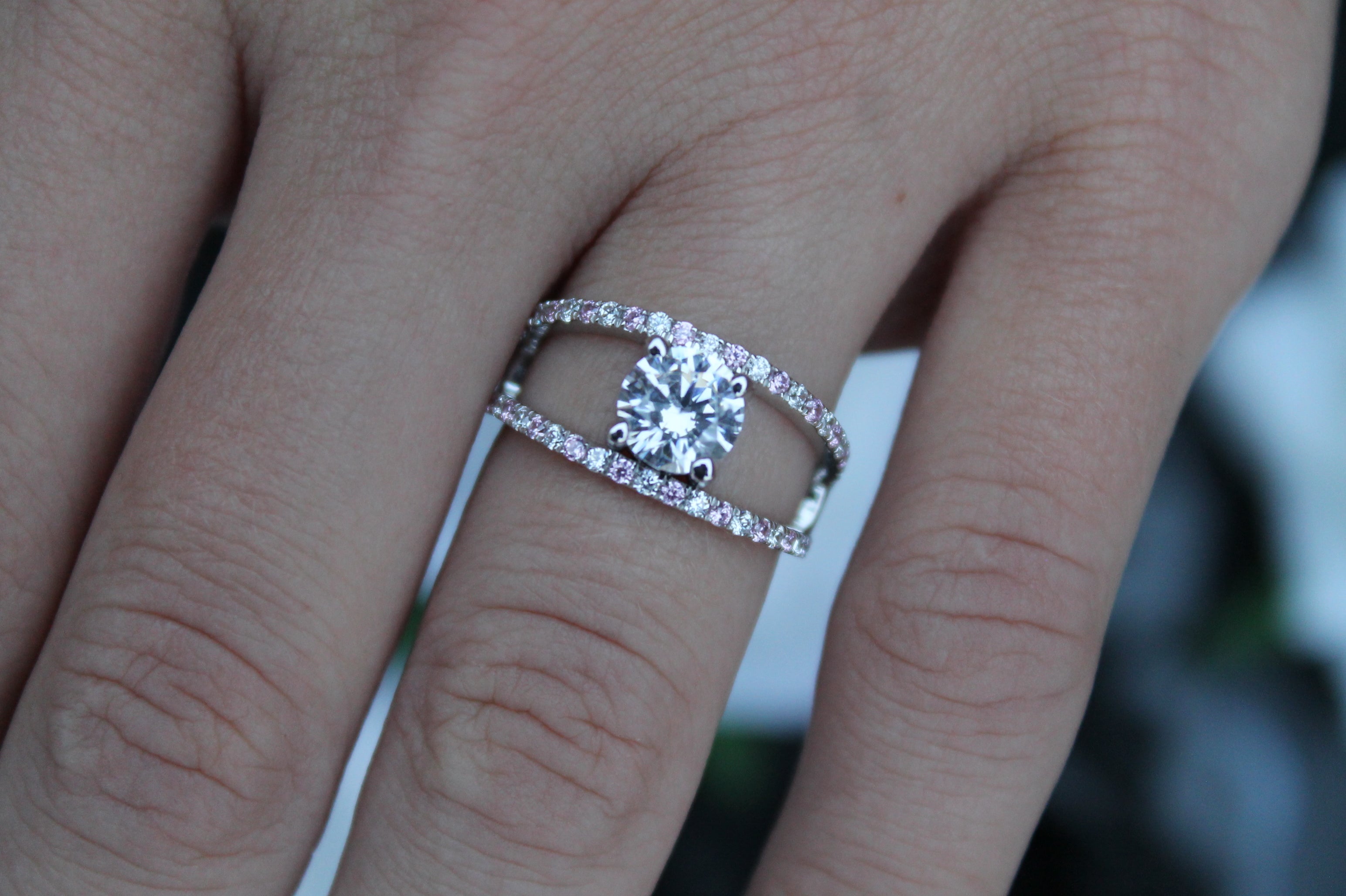 1 Carat Round Cut Diamond Ring With Split Sides & Sapphires | 14k White Gold | Engagement Ring