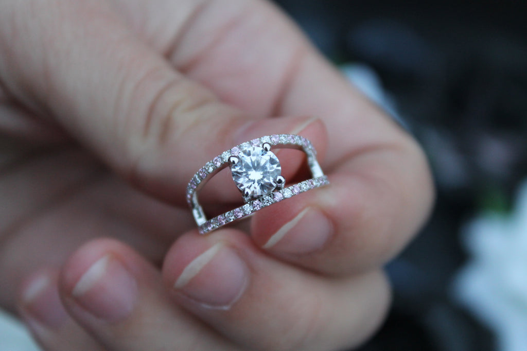 1 Carat Round Cut Diamond Ring With Split Sides & Sapphires | 14k White Gold | Engagement Ring