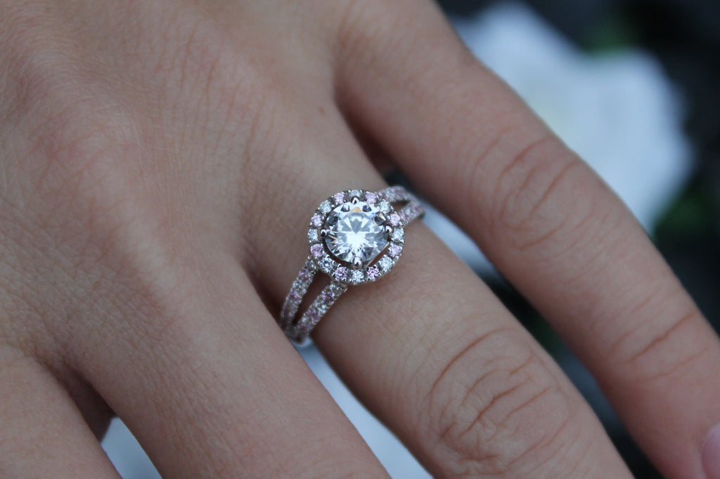 1 Carat Round Cut Center Diamond Halo Ring With Sapphires | 14k White Gold | Engagement Ring
