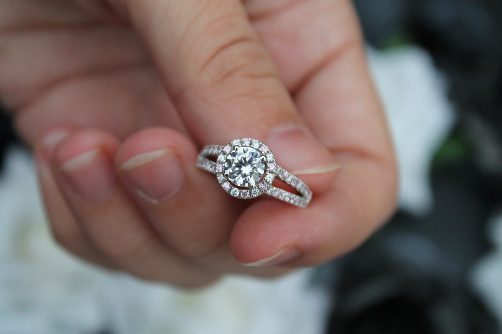 1 Carat Round Cut Center Diamond Halo Ring With Sapphires | 14k White Gold | Engagement Ring