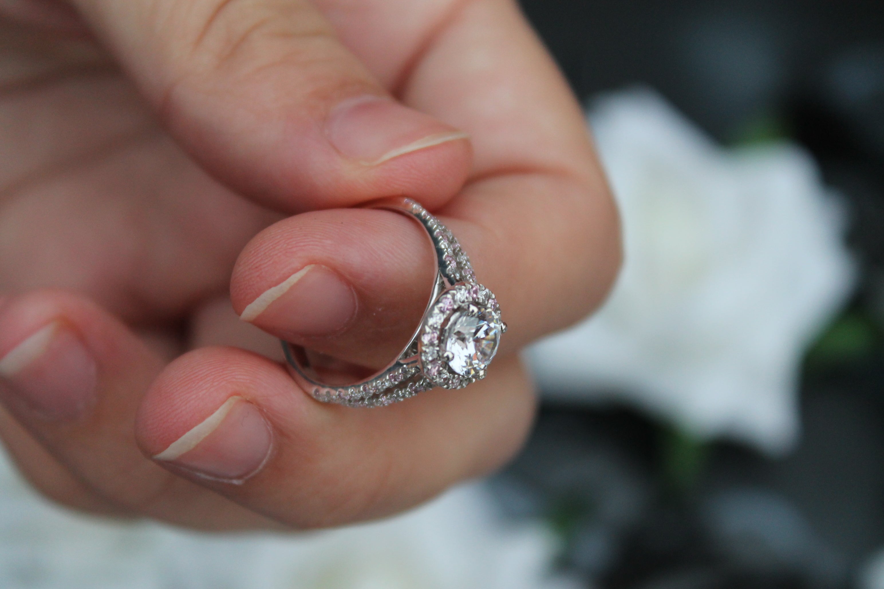 1 Carat Round Cut Center Diamond Halo Ring With Sapphires | 14k White Gold | Engagement Ring