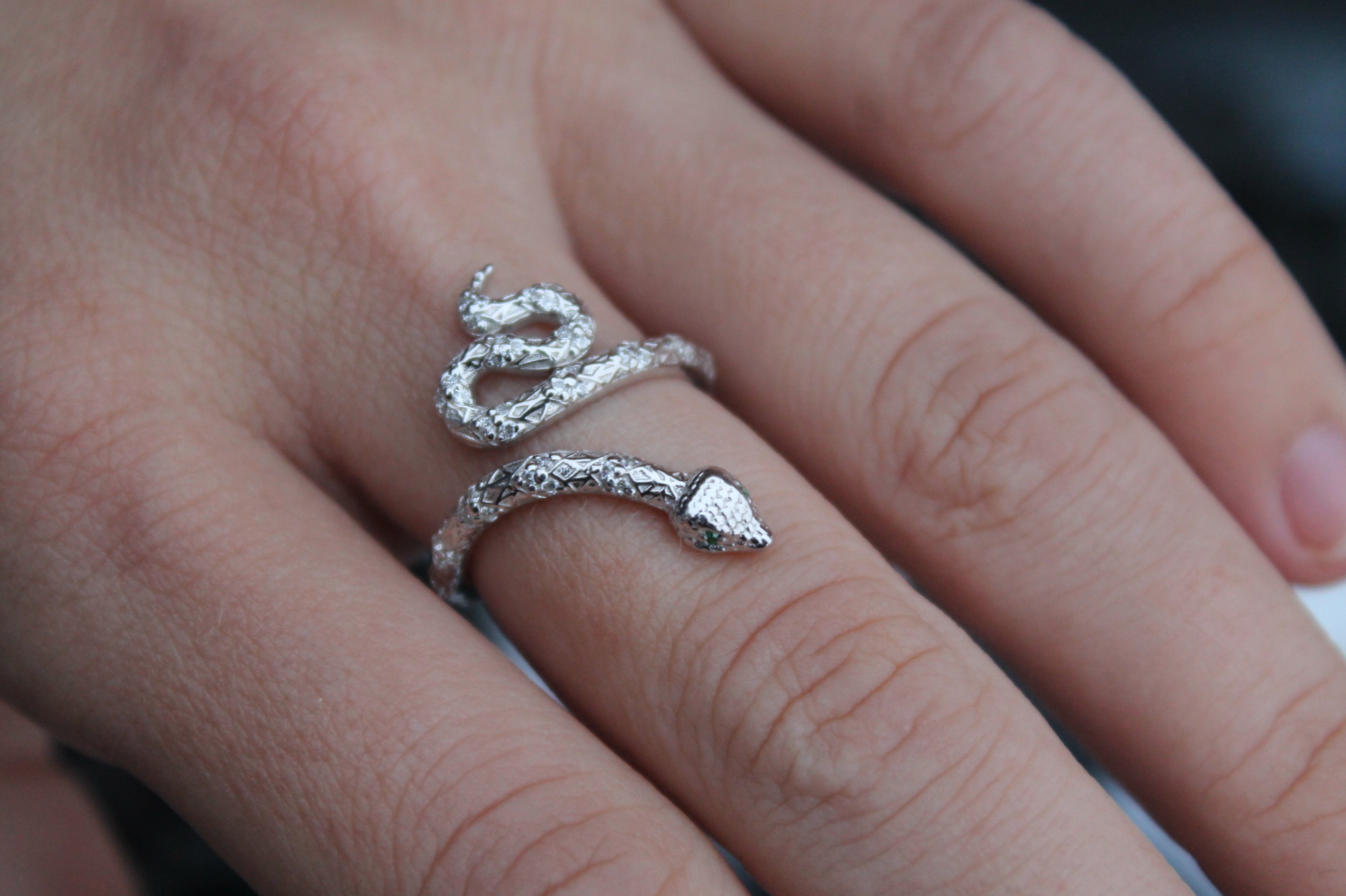 Diamond & Emerald Snake Ring | 14k White Gold | Statement Ring