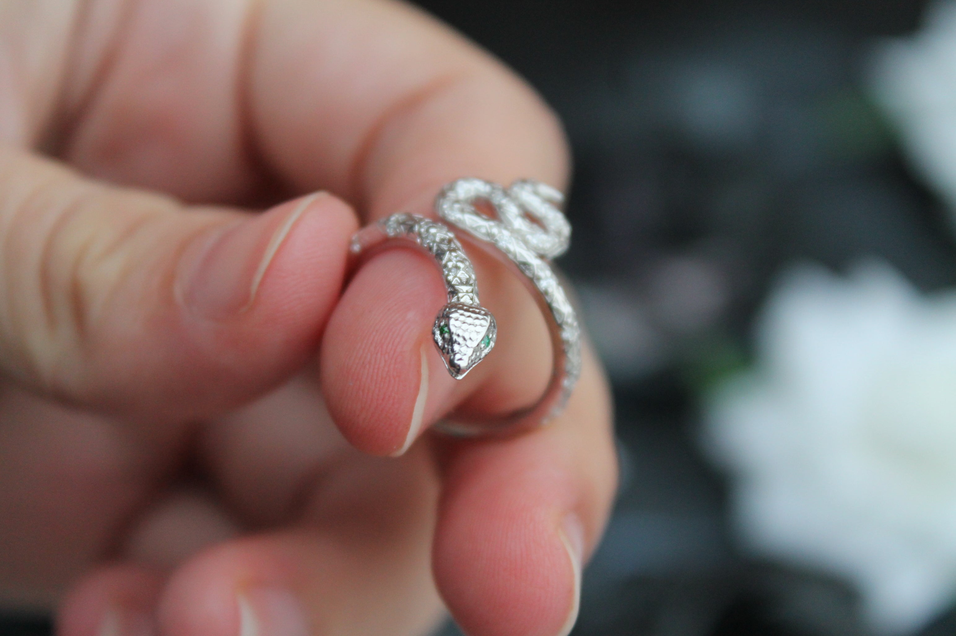 Diamond & Emerald Snake Ring | 14k White Gold | Statement Ring