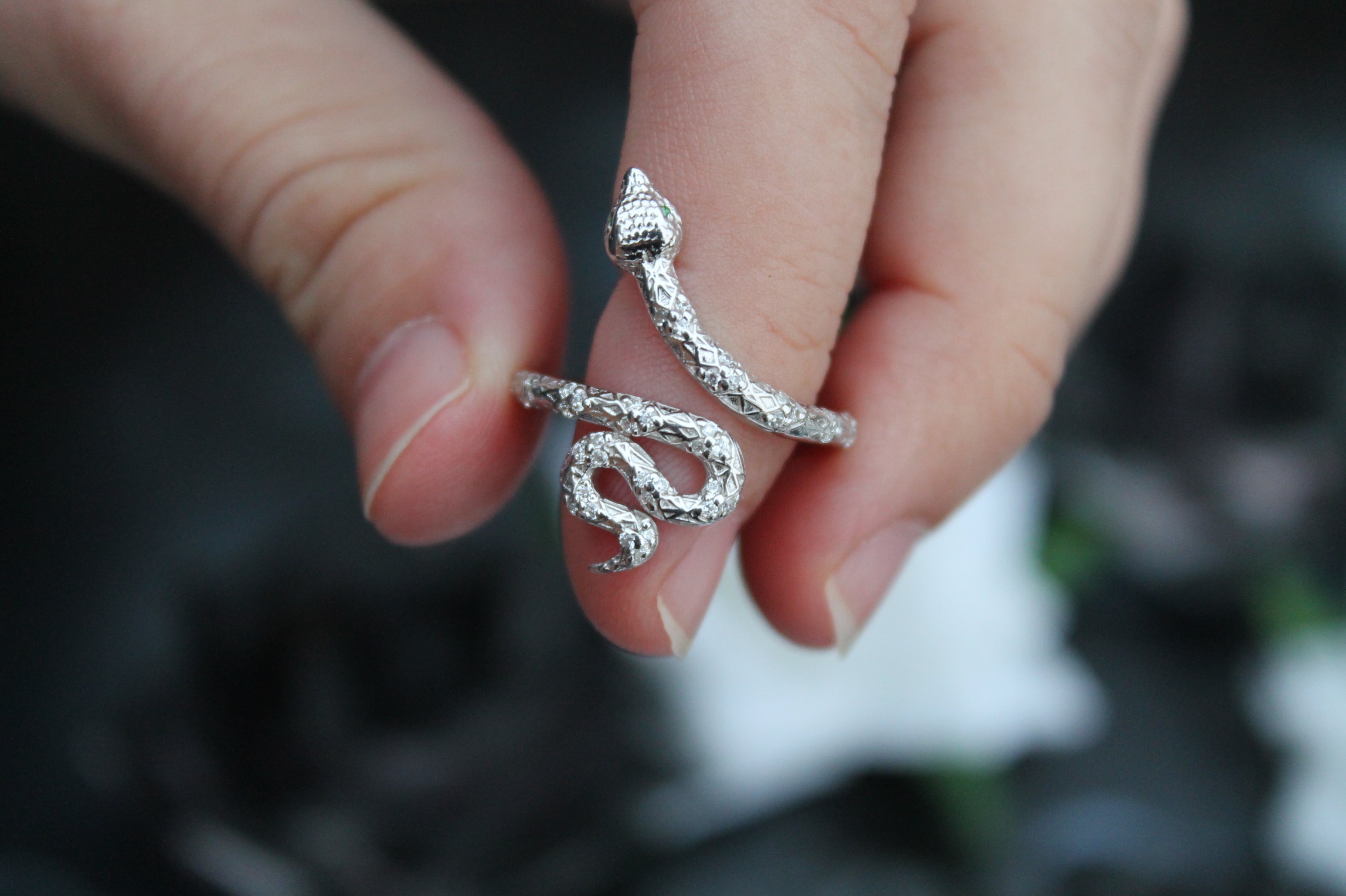 Diamond & Emerald Snake Ring | 14k White Gold | Statement Ring