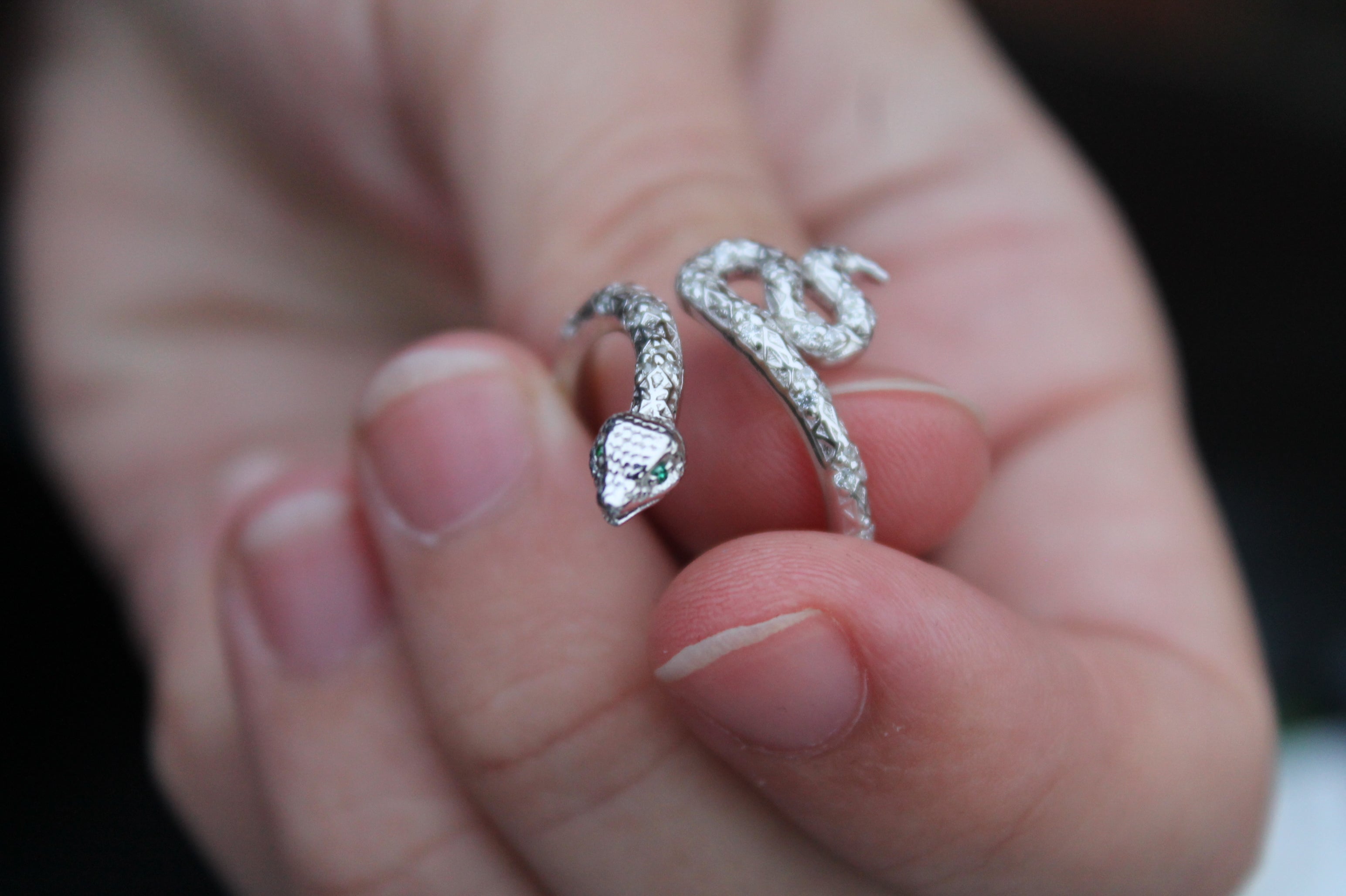 Diamond & Emerald Snake Ring | 14k White Gold | Statement Ring