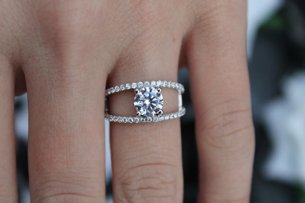 1 Carat Round Cut Diamond Ring With Split Sides | 14k White Gold | Engagement Ring
