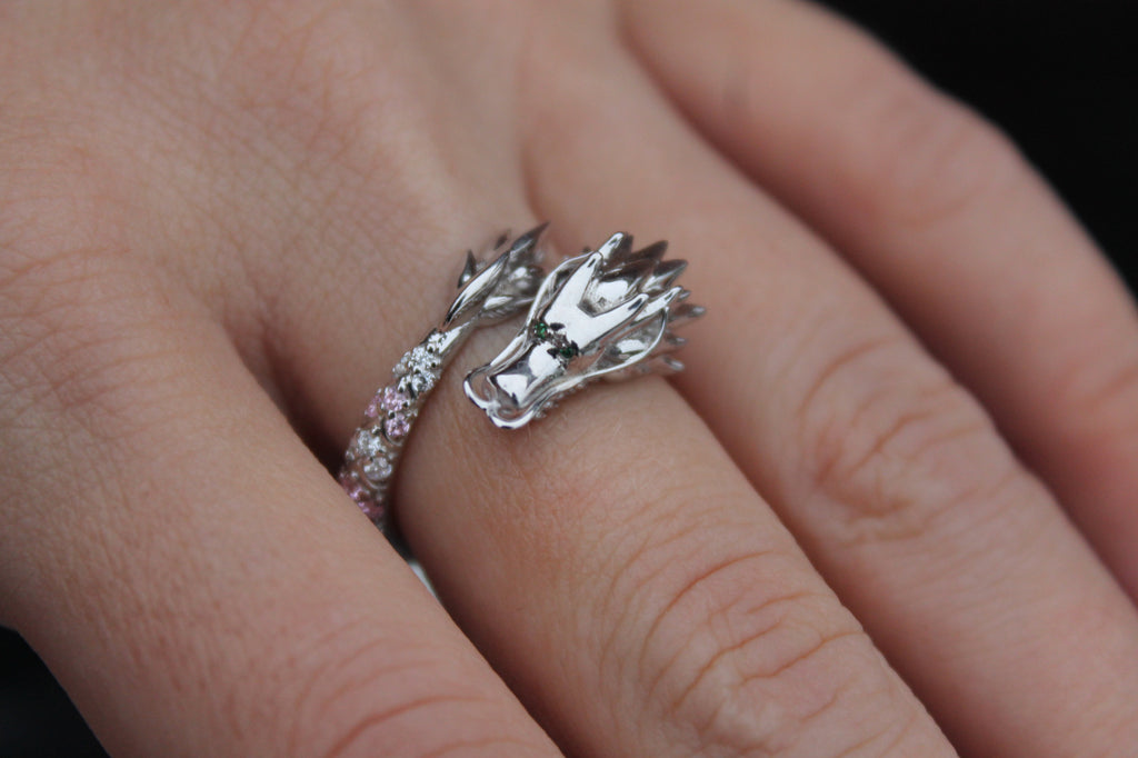 Sapphire & Diamond Dragon Ring | 14k White Gold | Statement Ring