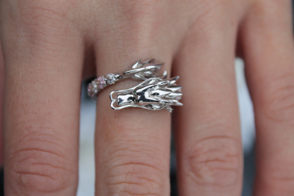 Sapphire & Diamond Dragon Ring | 14k White Gold | Statement Ring