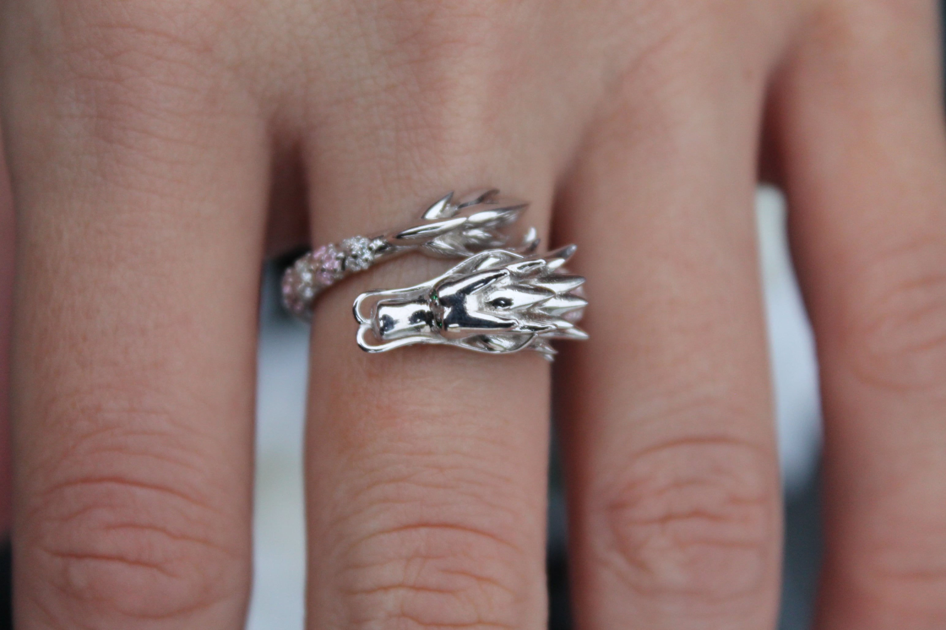 Sapphire & Diamond Dragon Ring | 14k White Gold | Statement Ring