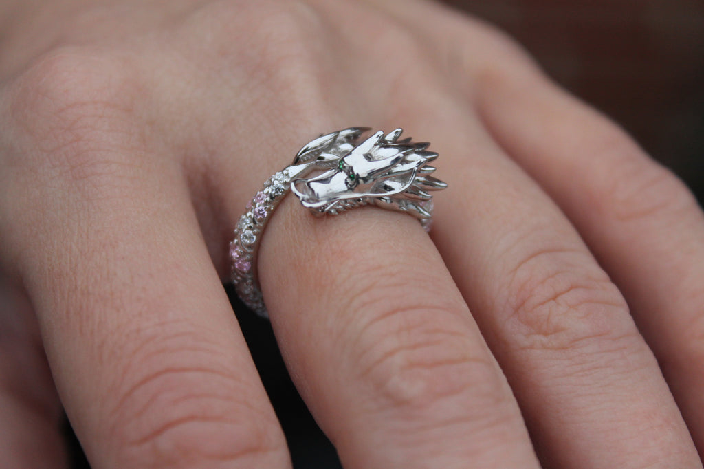 Sapphire & Diamond Dragon Ring | 14k White Gold | Statement Ring