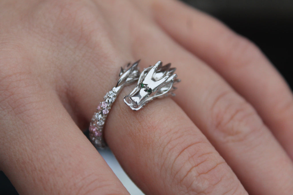 Sapphire & Diamond Dragon Ring | 14k White Gold | Statement Ring
