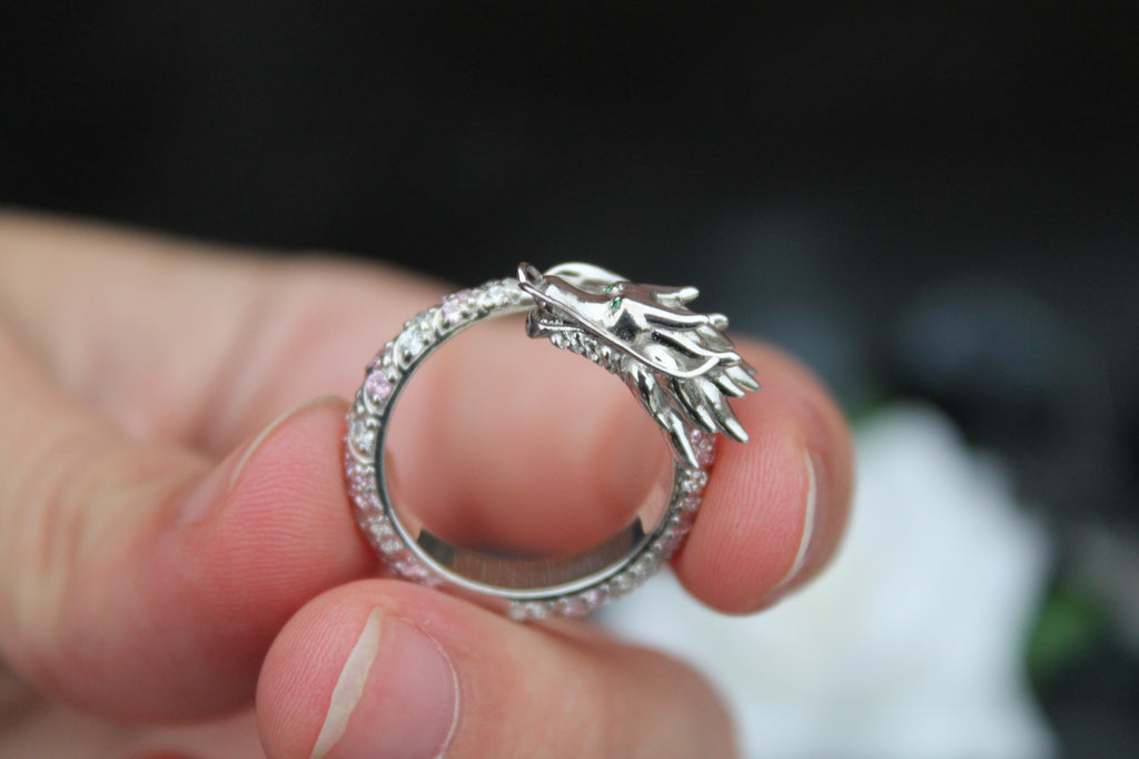 Sapphire & Diamond Dragon Ring | 14k White Gold | Statement Ring
