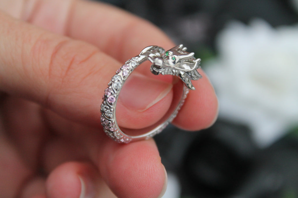 Sapphire & Diamond Dragon Ring | 14k White Gold | Statement Ring