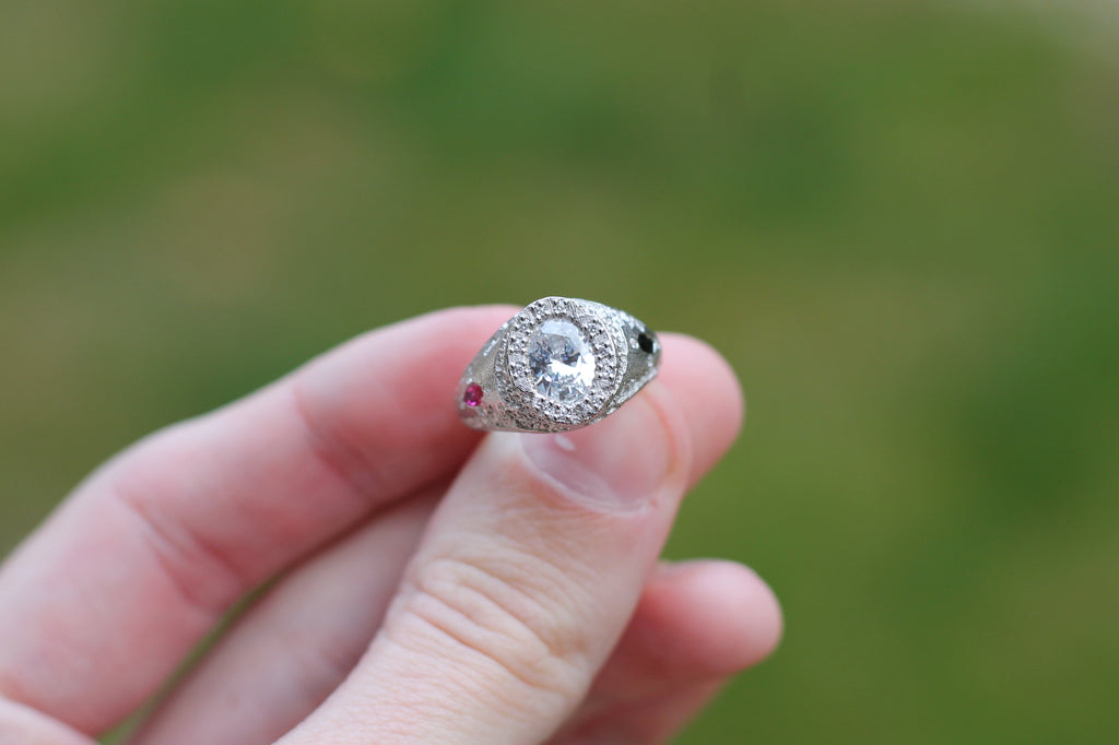 1 Carat Oval Cut Diamond Eroded Ring | 14k White Gold | Signet Ring
