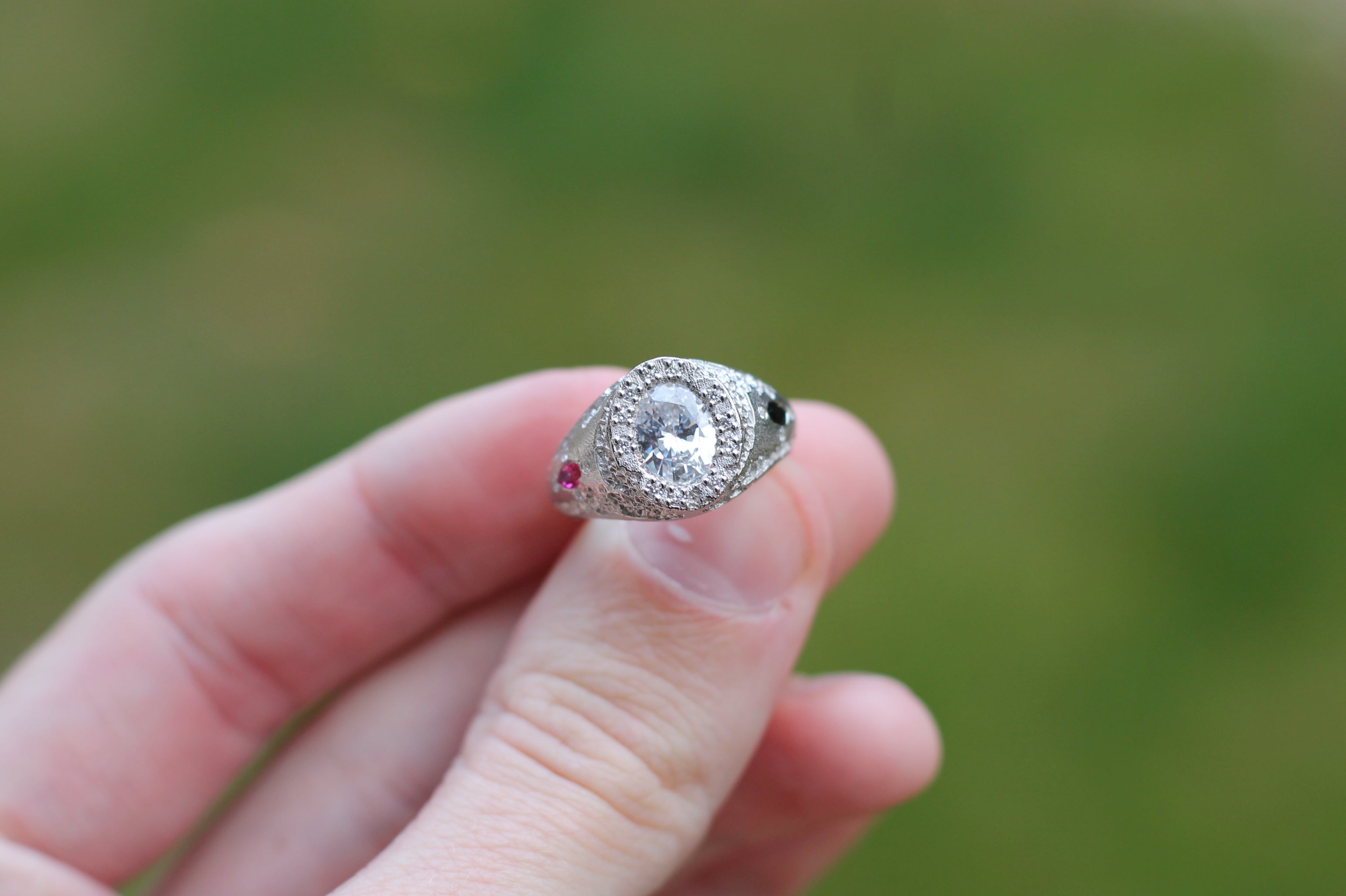 1 Carat Oval Cut Diamond Eroded Ring | 14k White Gold | Signet Ring