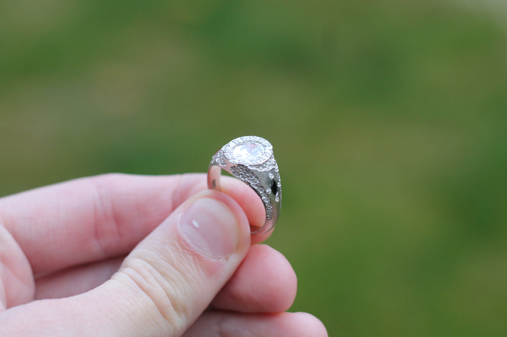 1 Carat Oval Cut Diamond Eroded Ring | 14k White Gold | Signet Ring