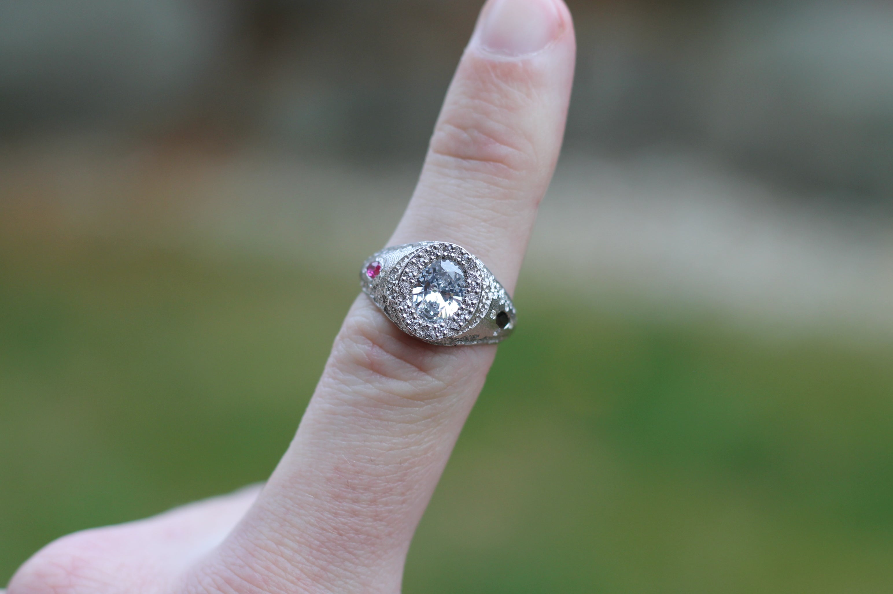 1 Carat Oval Cut Diamond Eroded Ring | 14k White Gold | Signet Ring