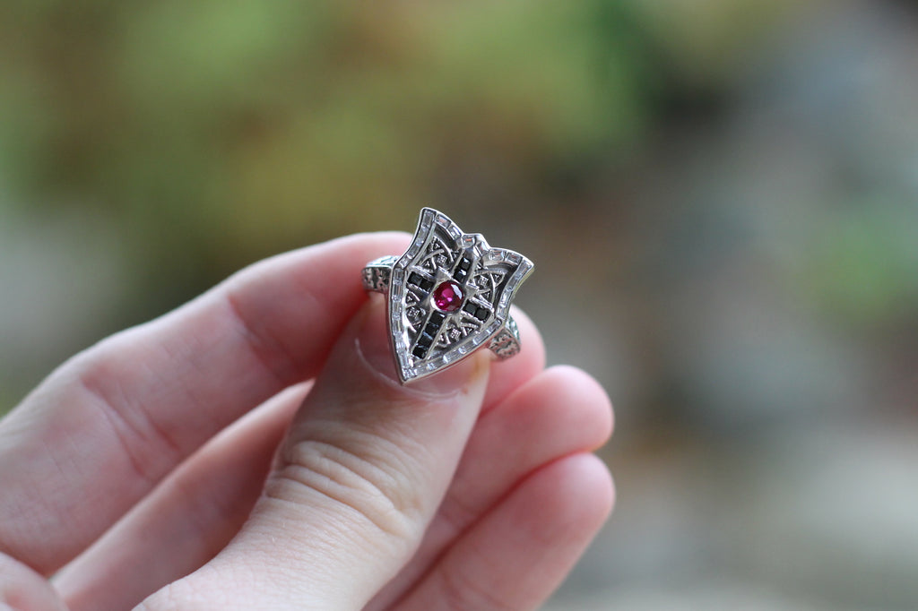 Ruby & Diamond Shield Ring | 14k White Gold | Statement Ring