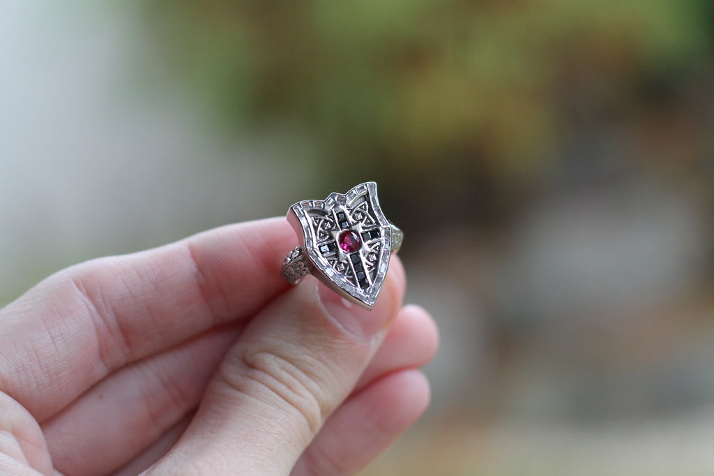 Ruby & Diamond Shield Ring | 14k White Gold | Statement Ring