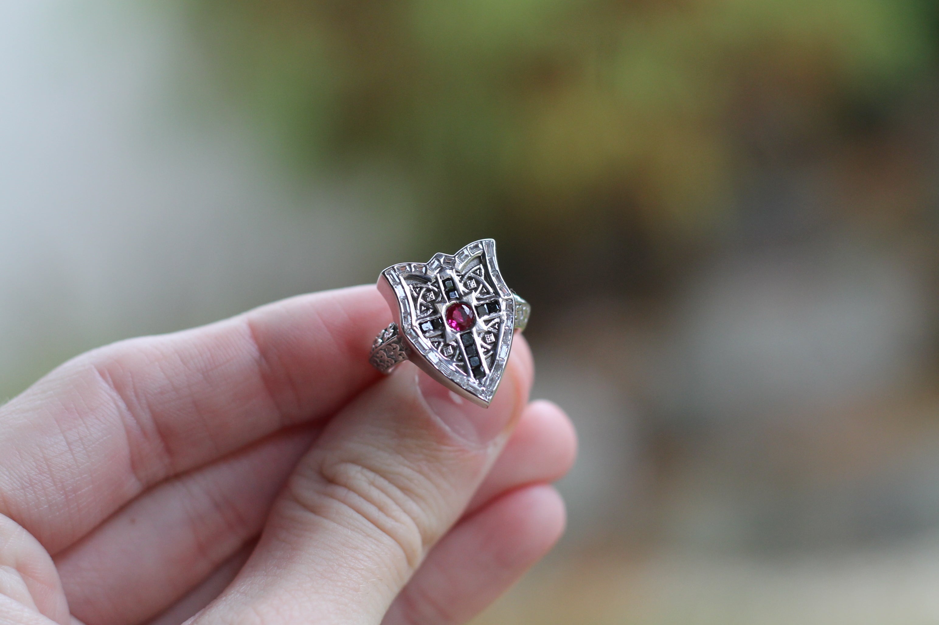 Ruby & Diamond Shield Ring | 14k White Gold | Statement Ring