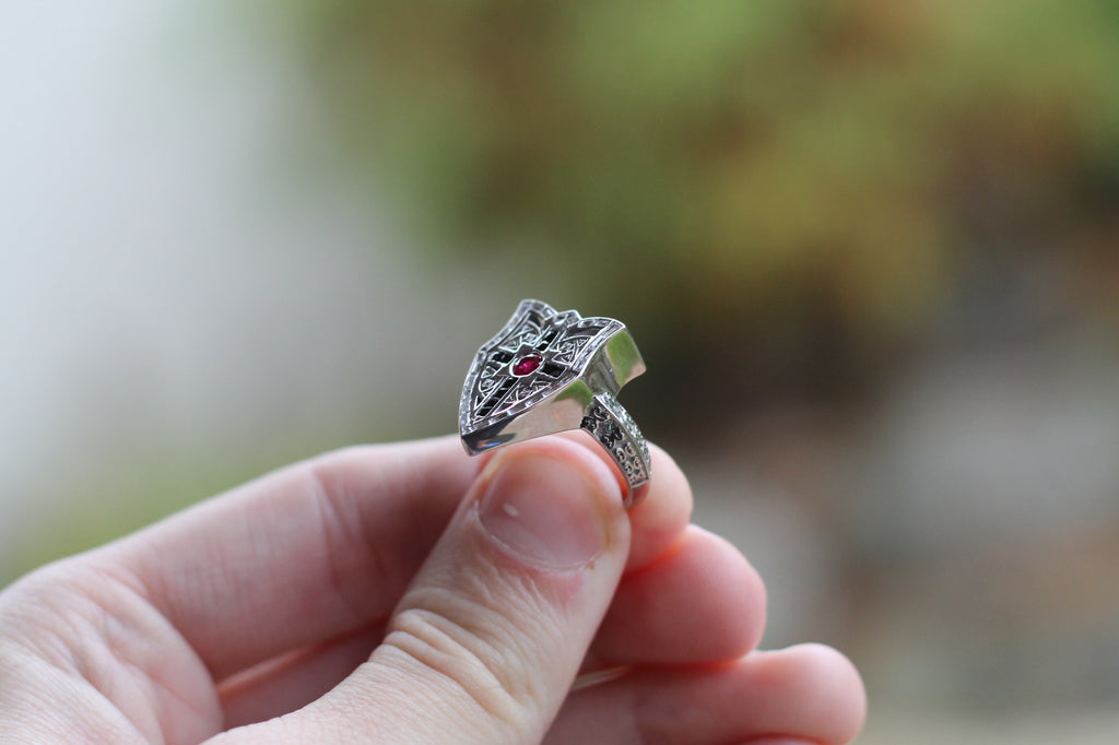 Ruby & Diamond Shield Ring | 14k White Gold | Statement Ring