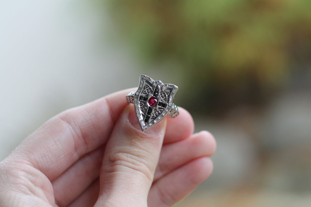 Ruby & Diamond Shield Ring | 14k White Gold | Statement Ring