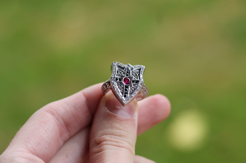 Ruby & Diamond Shield Ring | 14k White Gold | Statement Ring