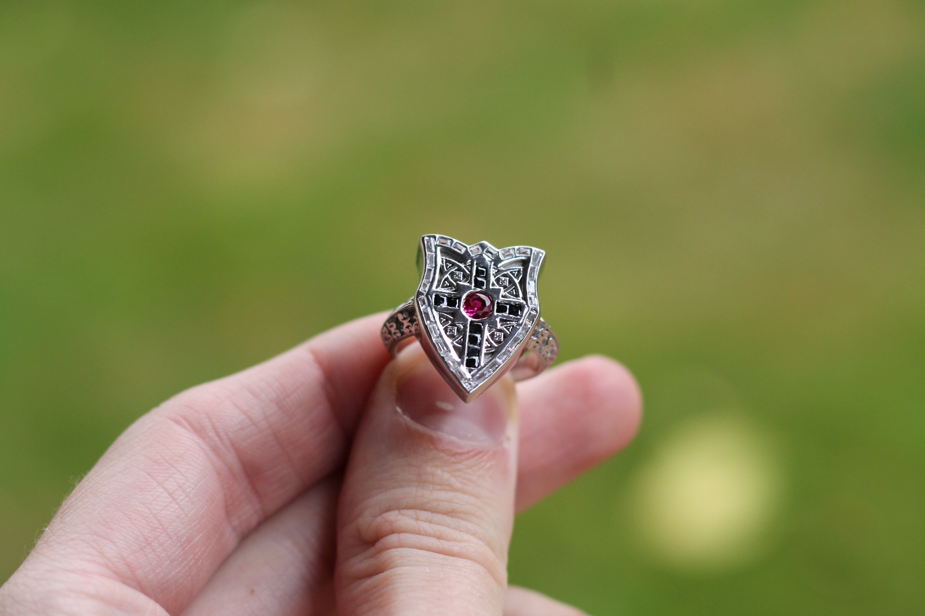 Ruby & Diamond Shield Ring | 14k White Gold | Statement Ring