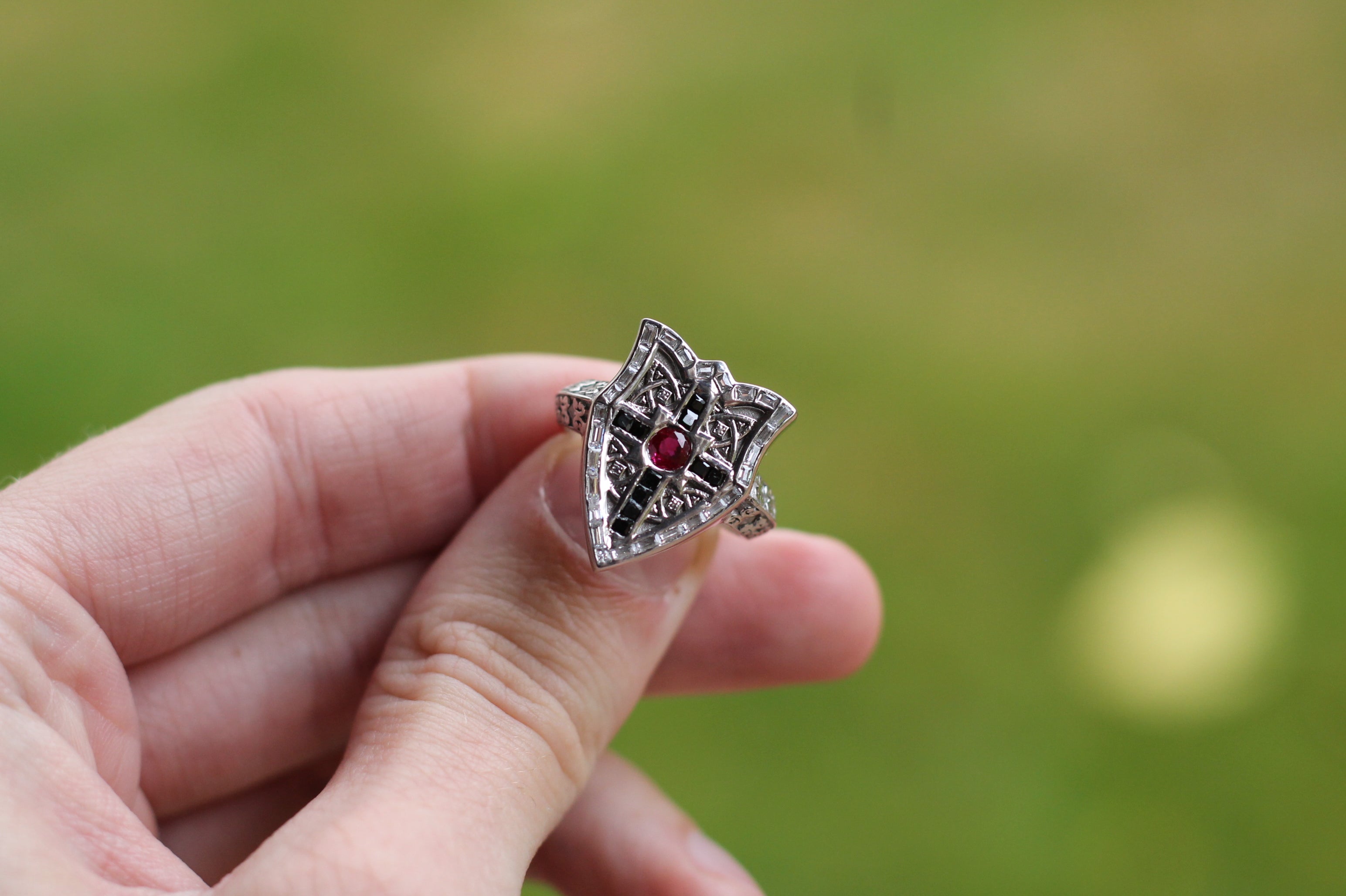 Ruby & Diamond Shield Ring | 14k White Gold | Statement Ring