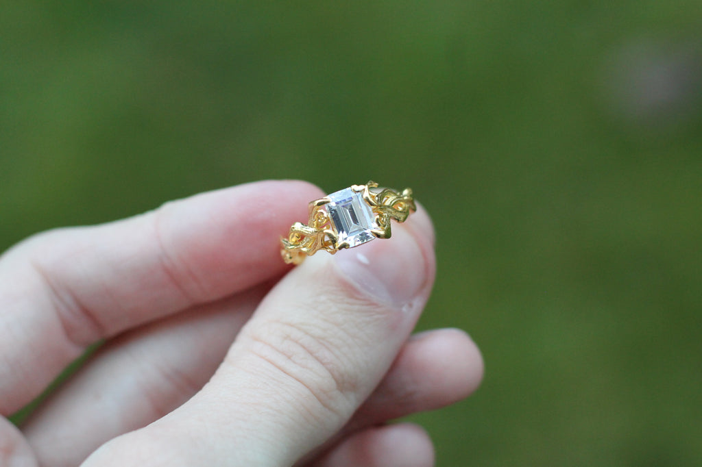 1 Carat Emerald Cut Diamond Tree Branch Ring | 14k Yellow Gold | Engagement Ring