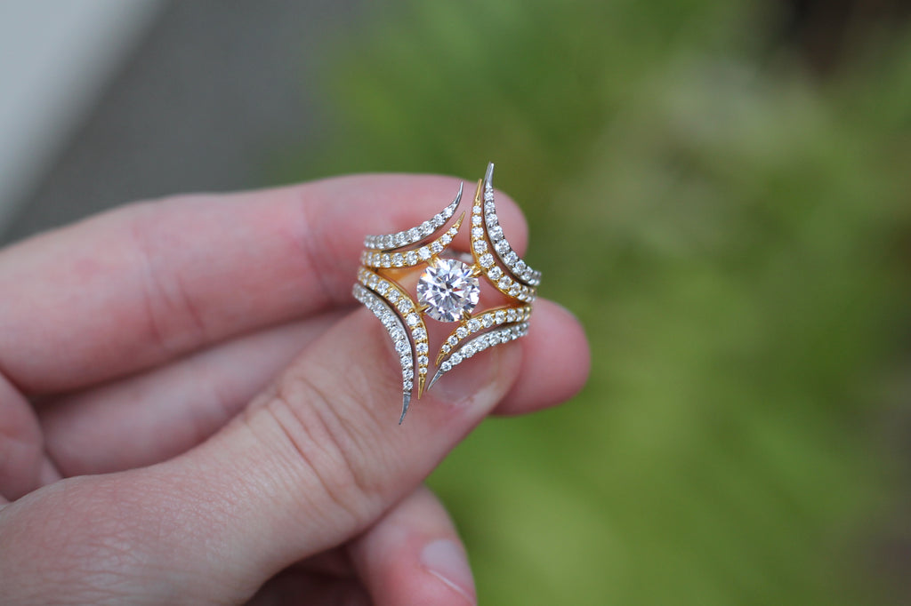 1 Carat Round Cut Center Diamond Two Color Spike Ring | 14k White & Yellow Gold | Statement Ring